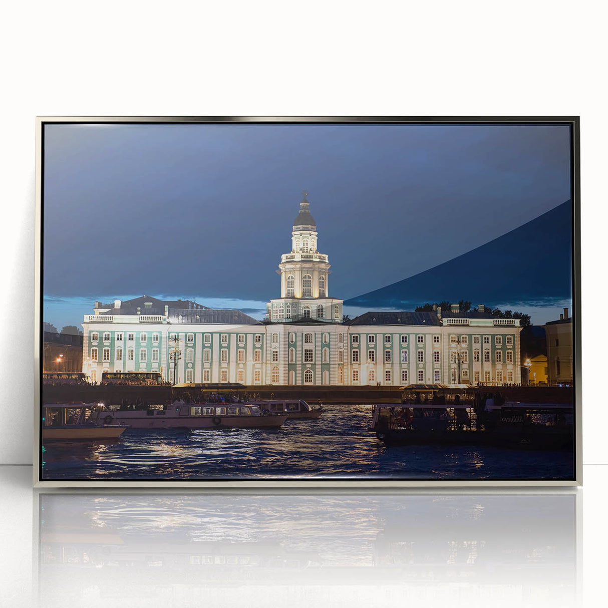 Large art print of St. Petersburg scenery in muted silver tones, framed acrylic, ideal for modern art wall decor.