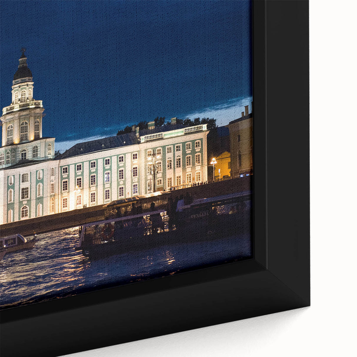 Extra large framed canvas of a textured, colorful depiction of the Saint Petersburg skyline on a black background.