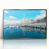 Art Deco style poster of Sochi, Russia, with muted gold and blue tones on acrylic framed material.
