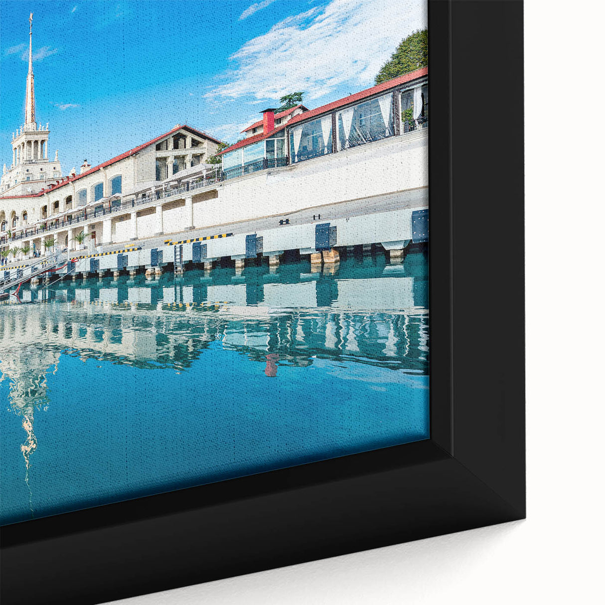 Extra large framed canvas of a textured Sochi scenery in black with colorful accents, suitable for living room decor.