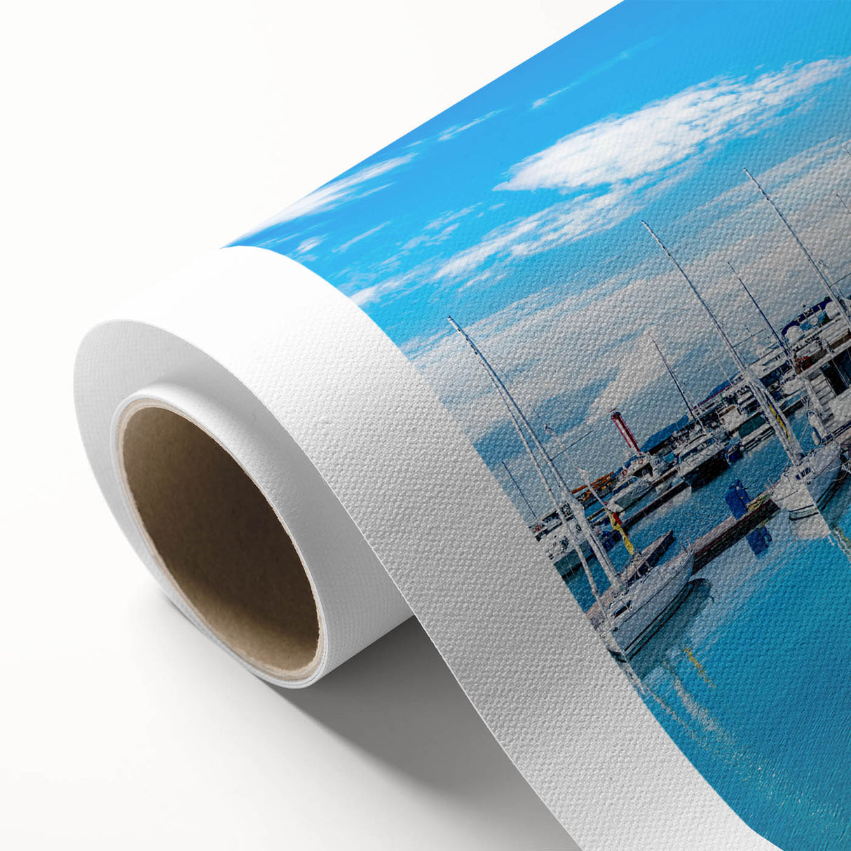 Art Deco style poster of Sochi with muted blue and peach tones on rolled canvas.