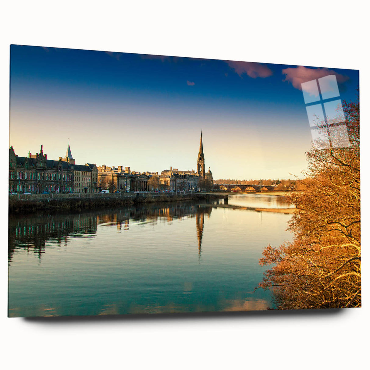 Acrylic print of a Scottish landscape with muted green and blue tones, suitable for bedroom or dining room decor.