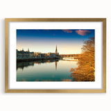 Abstract art print of a European landscape in muted greens and blues, framed in gold, suitable for dining room decor.