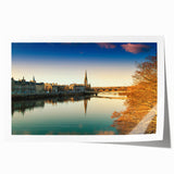 European Scotland landscape in muted green and blue tones on a rolled print, suitable for dining room wall art.