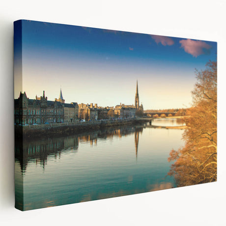 Scottish landscape on stretched canvas, featuring muted green and blue tones, ideal for kitchen wall art.