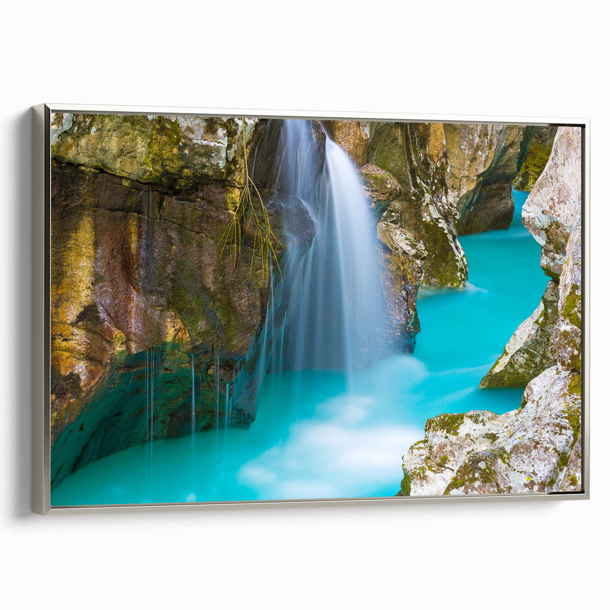 Vintage poster art of a Slovenian landscape in colorful hues on extra large framed canvas, suitable for living room decor.