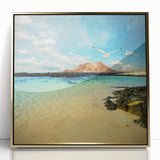 Art Deco style poster of Canary Islands scenery in gold acrylic frame, suitable for modern art wall decor in a nursery.