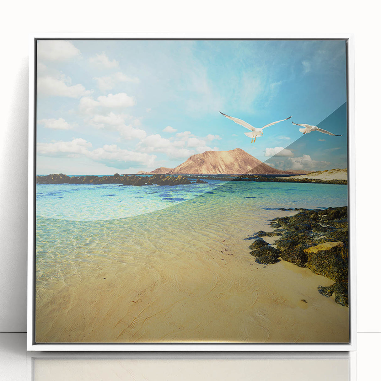 Mid-century modernist art depicting a serene Canary Islands landscape in pastel shades, framed acrylic print.