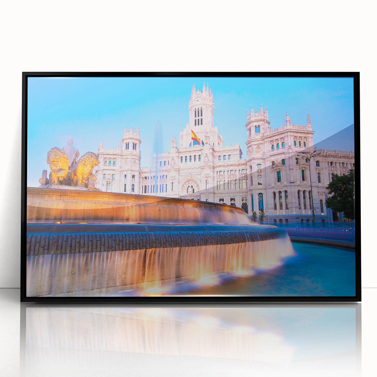 Large abstract wall art depicting the Madrid skyline in muted gray and blue tones on a framed acrylic canvas.