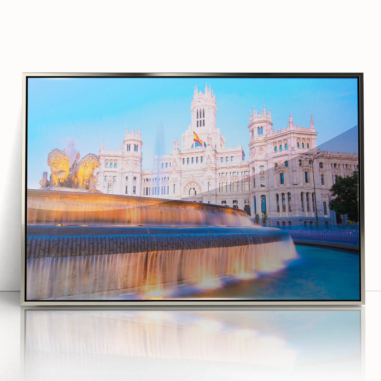 Mid-century modernist art of Madrid skyline in silver frame, acrylic print, suitable for modern art wall decor.
