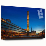 Side view of a large abstract depiction of Stockholm on acrylic glass, with vibrant blue and yellow tones.