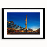 Colorful abstract art print of Stockholm scenery on a large textured canvas with a black frame, ideal for living room decor.