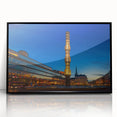 Large abstract wall art featuring a stylized Stockholm scenery in muted gray and blue, framed in black acrylic.