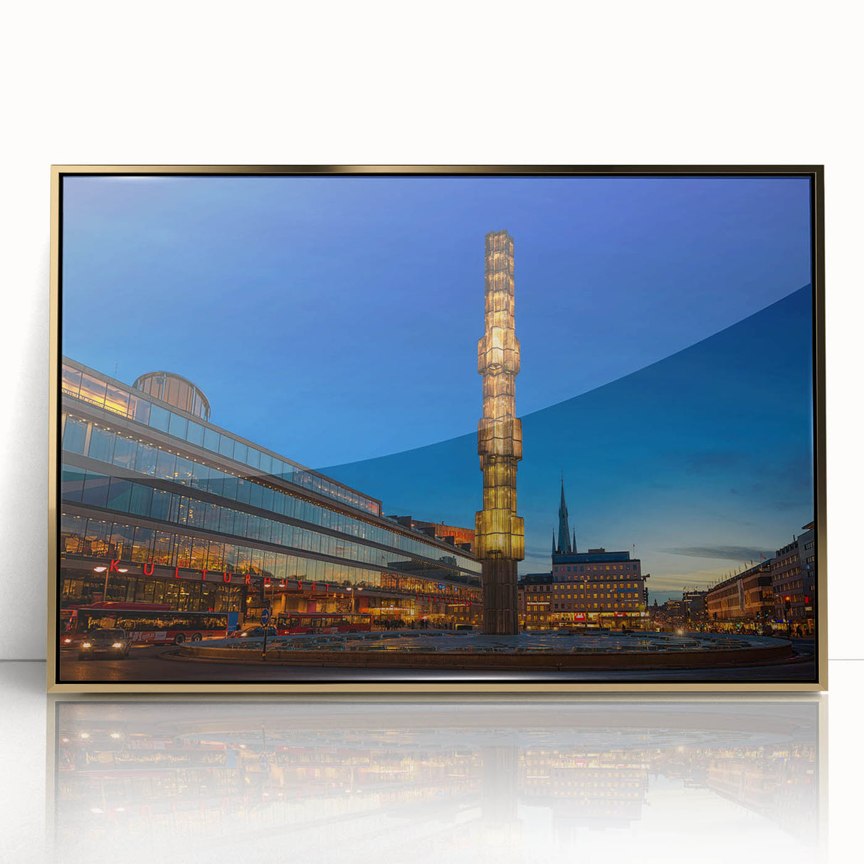 Acrylic print of Stockholm scenery in mid-century modernist style, featuring muted gold and blue tones.