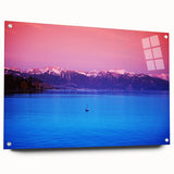 Acrylic print of Geneva scenery with muted blue and green tones, ideal for dining room decor.