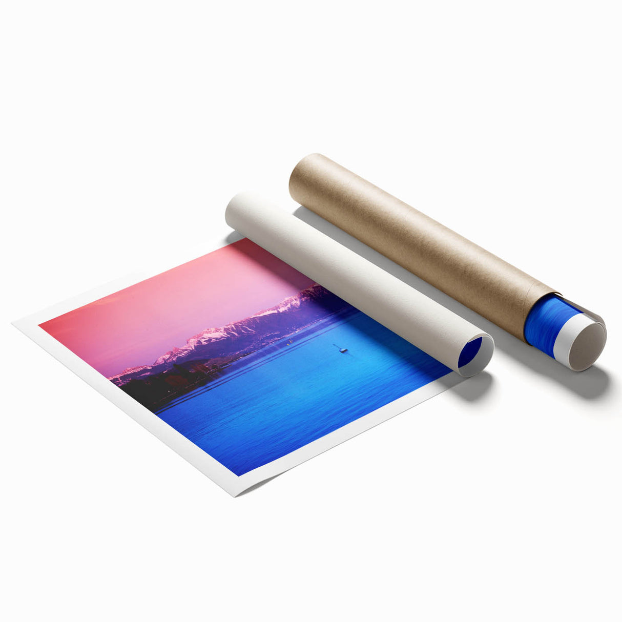 Extra large rolled print of Geneva scenery with lush floral accents in muted green and blue tones.