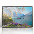 Large abstract wall art depicting a Swiss landscape in muted green and blue tones, framed in black acrylic.