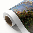 Art deco poster of a serene Swiss landscape in soft pastel hues on rolled canvas, ideal for nursery wall art.