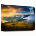 Large abstract wall art of a European landscape in muted earth tones on acrylic glass, suitable for dining or bedroom decor.
