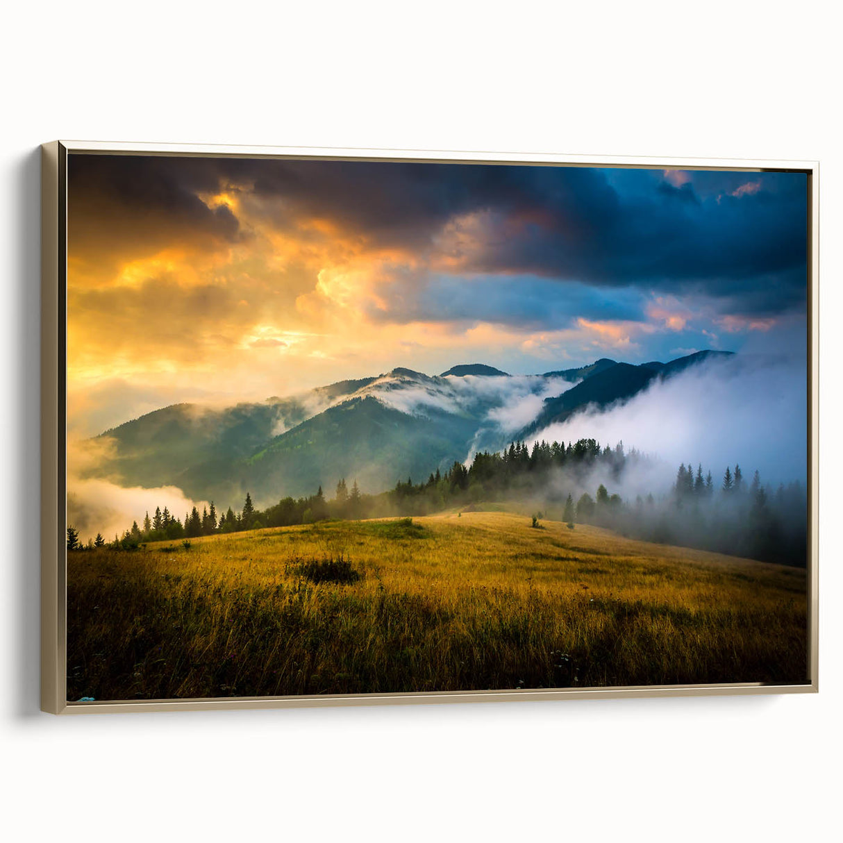 Framed canvas featuring a vintage-style landscape painting of a Ukrainian scenery in muted gold and black tones.