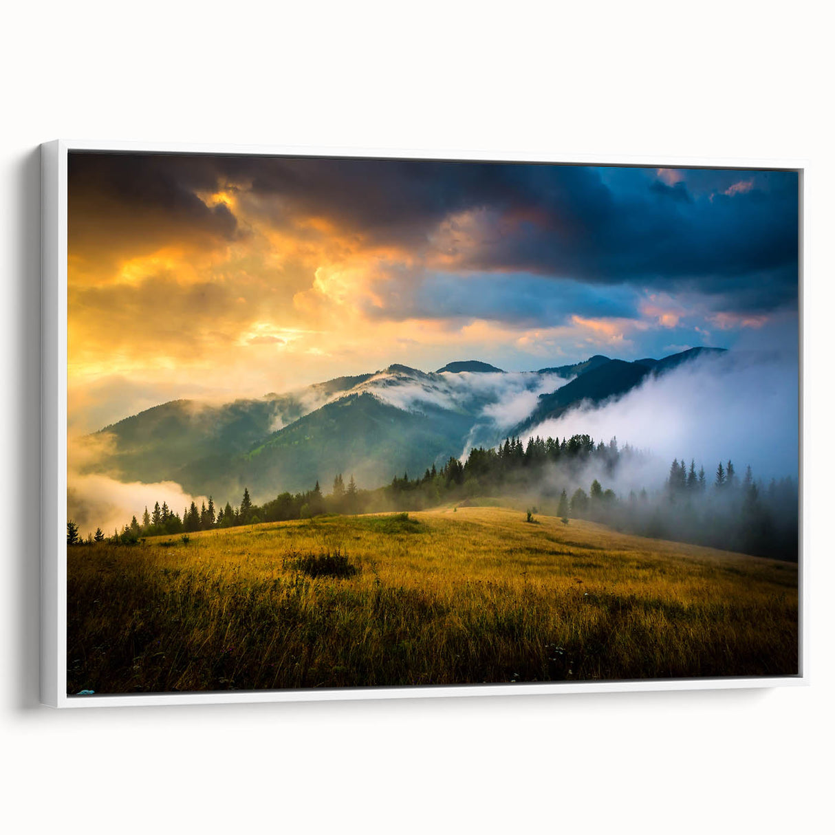 Vintage poster art of a European scenery on framed canvas, with colorful art palette, ideal for living room decor.