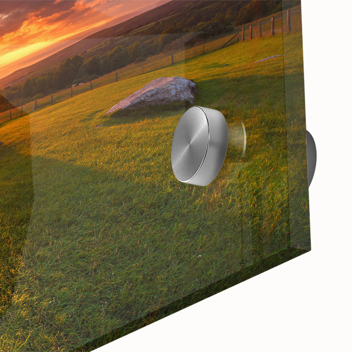 Large abstract wall art depicting a Welsh scenery in muted green and brown tones on acrylic glass.