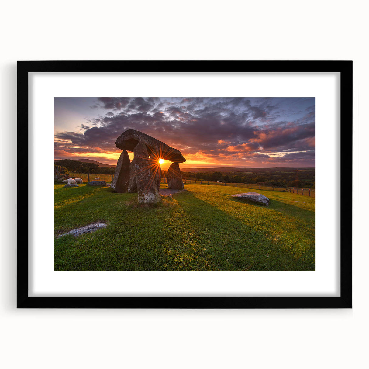 Extra large abstract art print of a colorful European scenery in Wales, textured on a black framed mat.