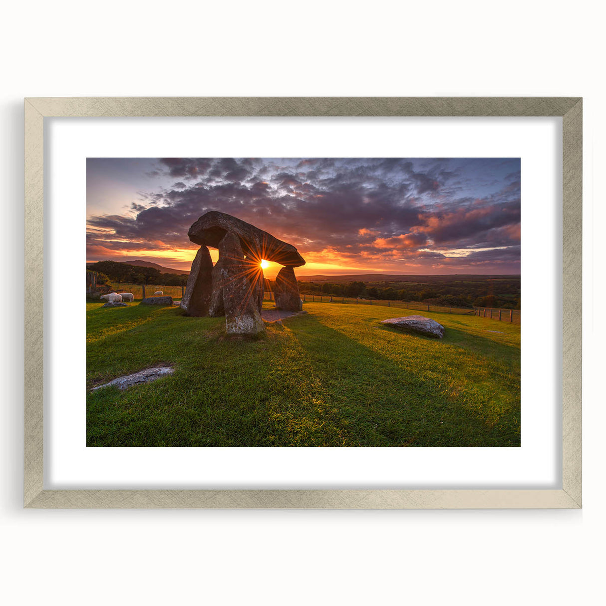 Textured art print of a Welsh landscape in muted earth tones, framed in silver, suitable for bedroom decor.