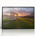 Large abstract wall art depicting a Welsh landscape in muted earth tones, framed in black acrylic.