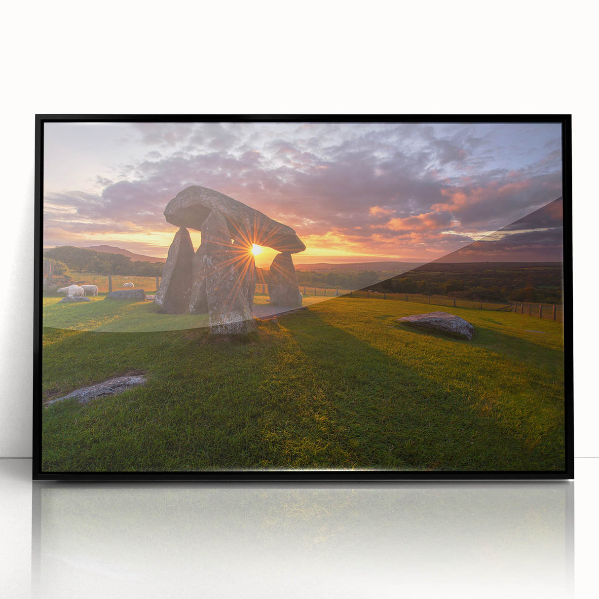 Large abstract wall art depicting a Welsh landscape in muted earth tones, framed in black acrylic.