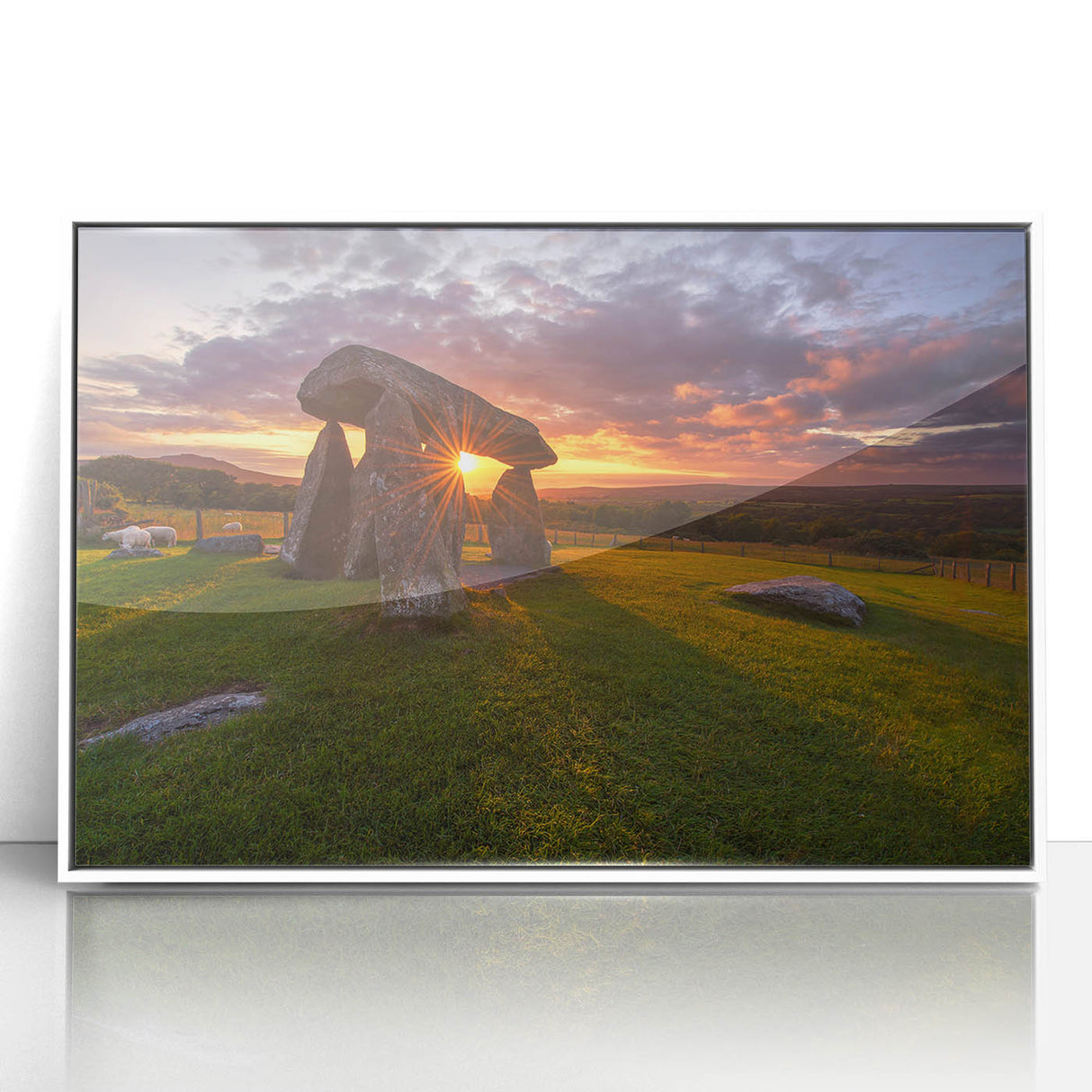 Art deco poster depicting a serene Welsh landscape in soft pastel shades, framed in white acrylic.