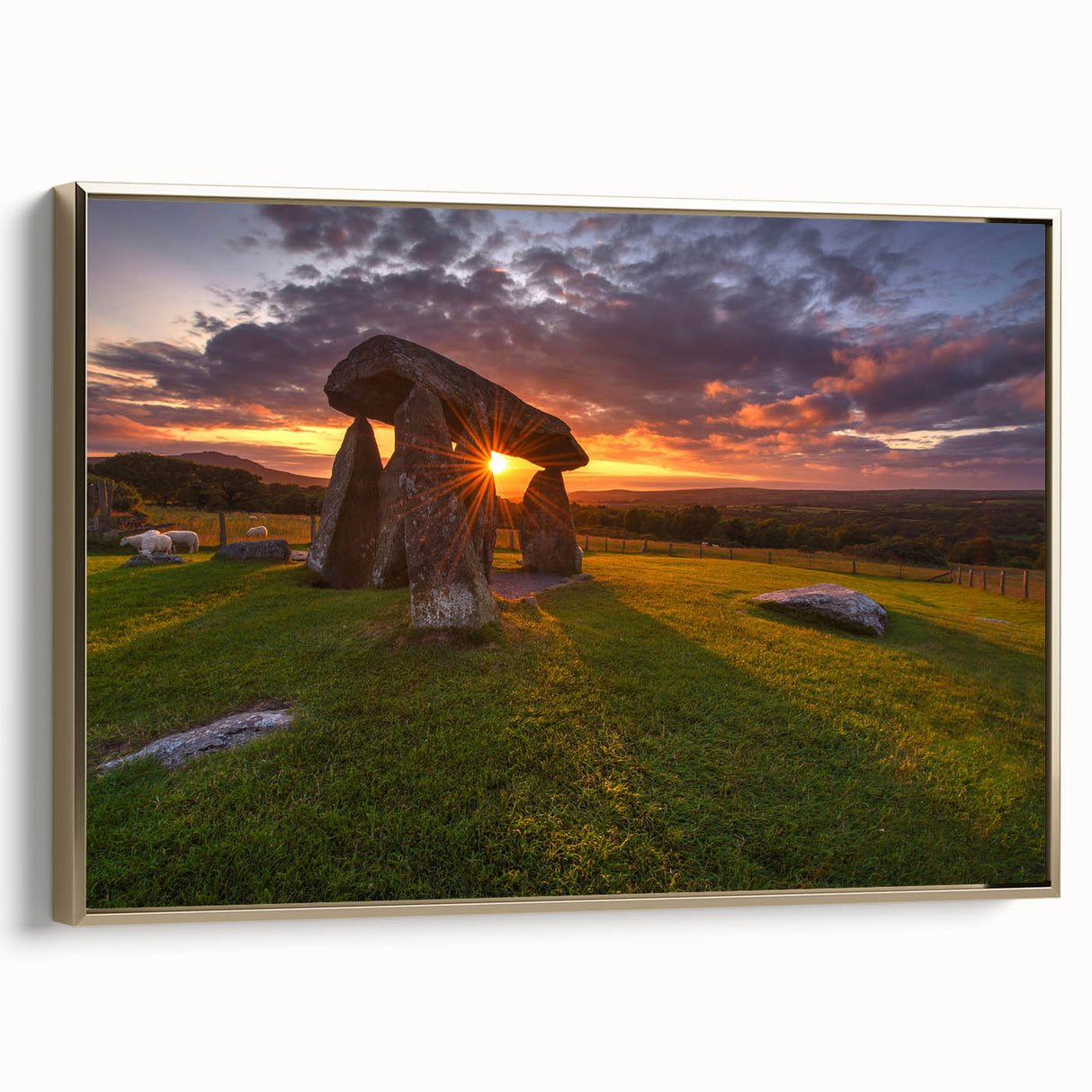 Framed canvas featuring a vintage-style landscape painting of Welsh scenery, with muted earth tones.