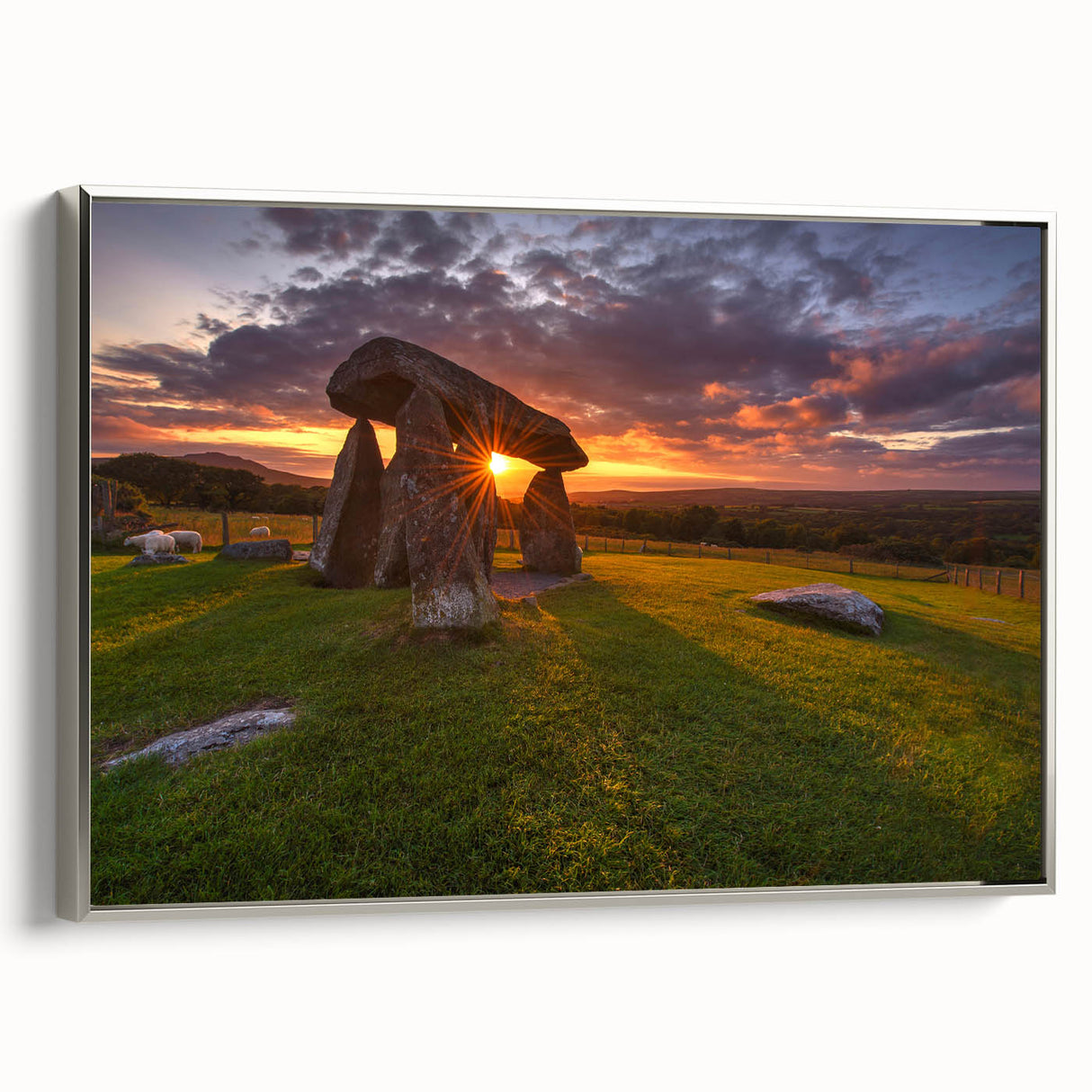 Framed canvas featuring a vintage-style landscape art painting of Welsh scenery, with muted green and earth tones.
