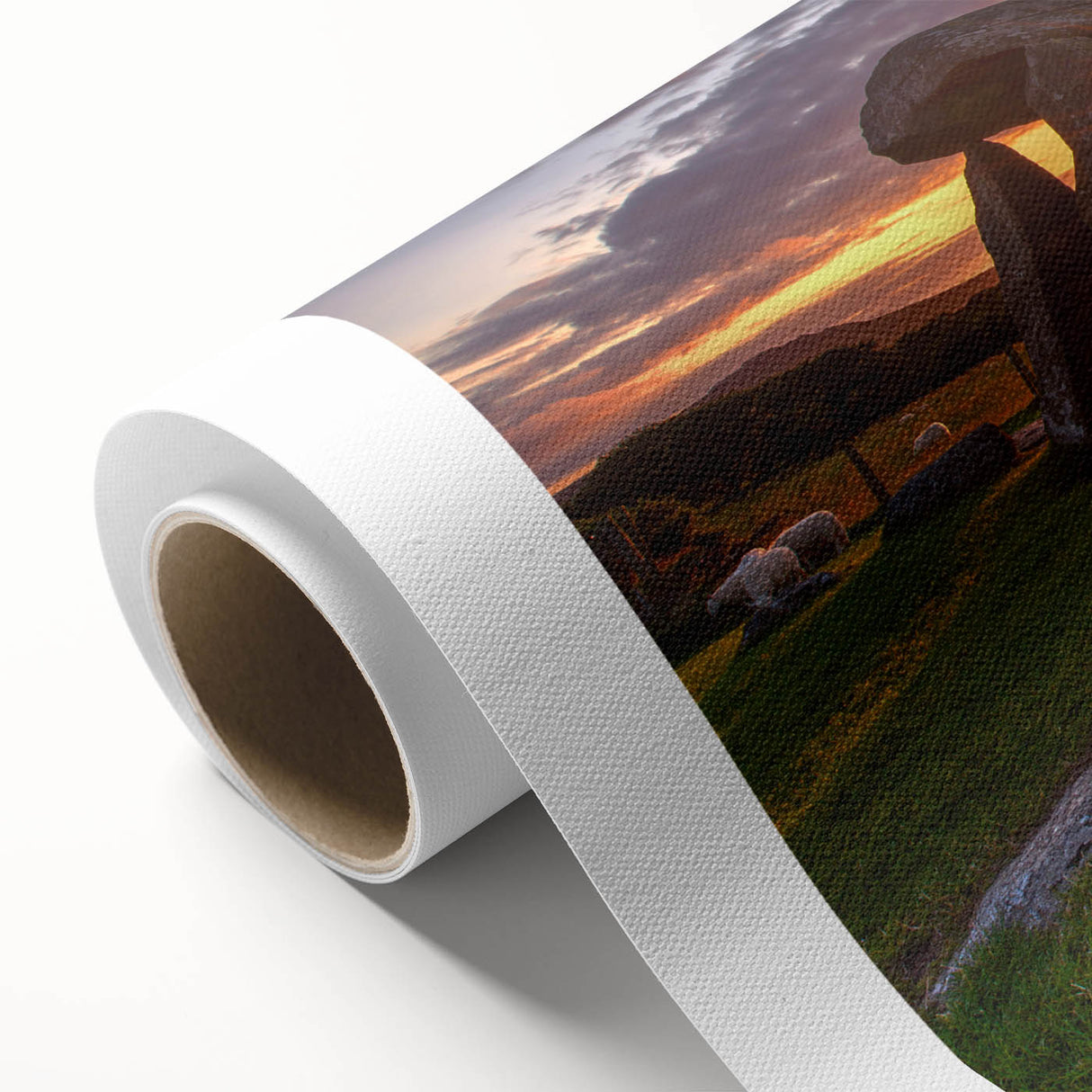Art deco style poster of a Welsh landscape on rolled canvas, with muted green and blue tones.
