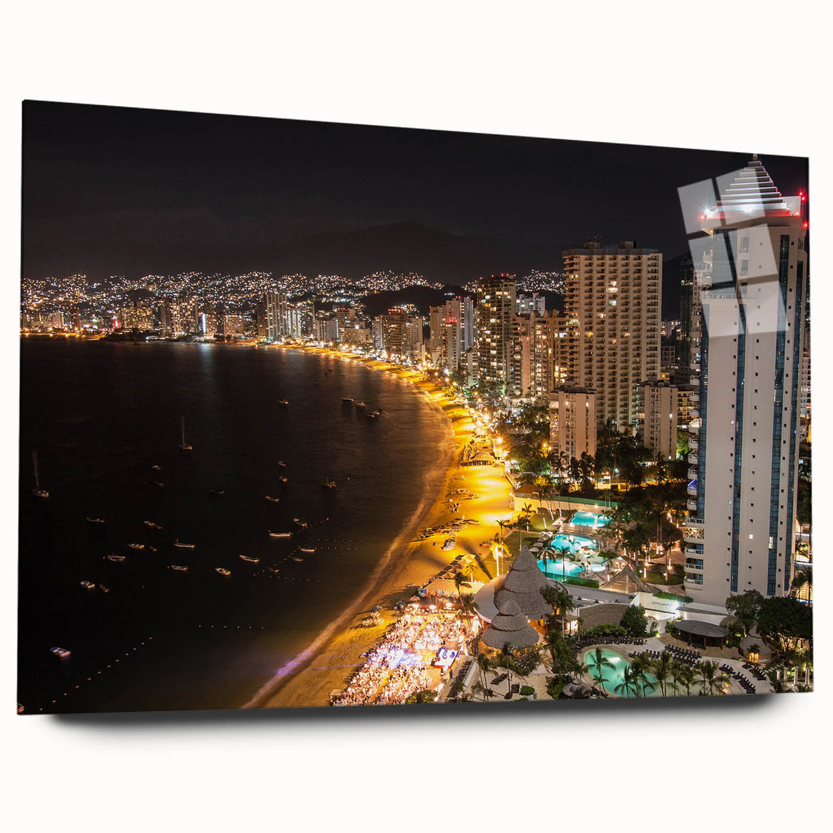 Acrylic print of a large abstract depiction of Acapulco scenery in vibrant blues and greens.