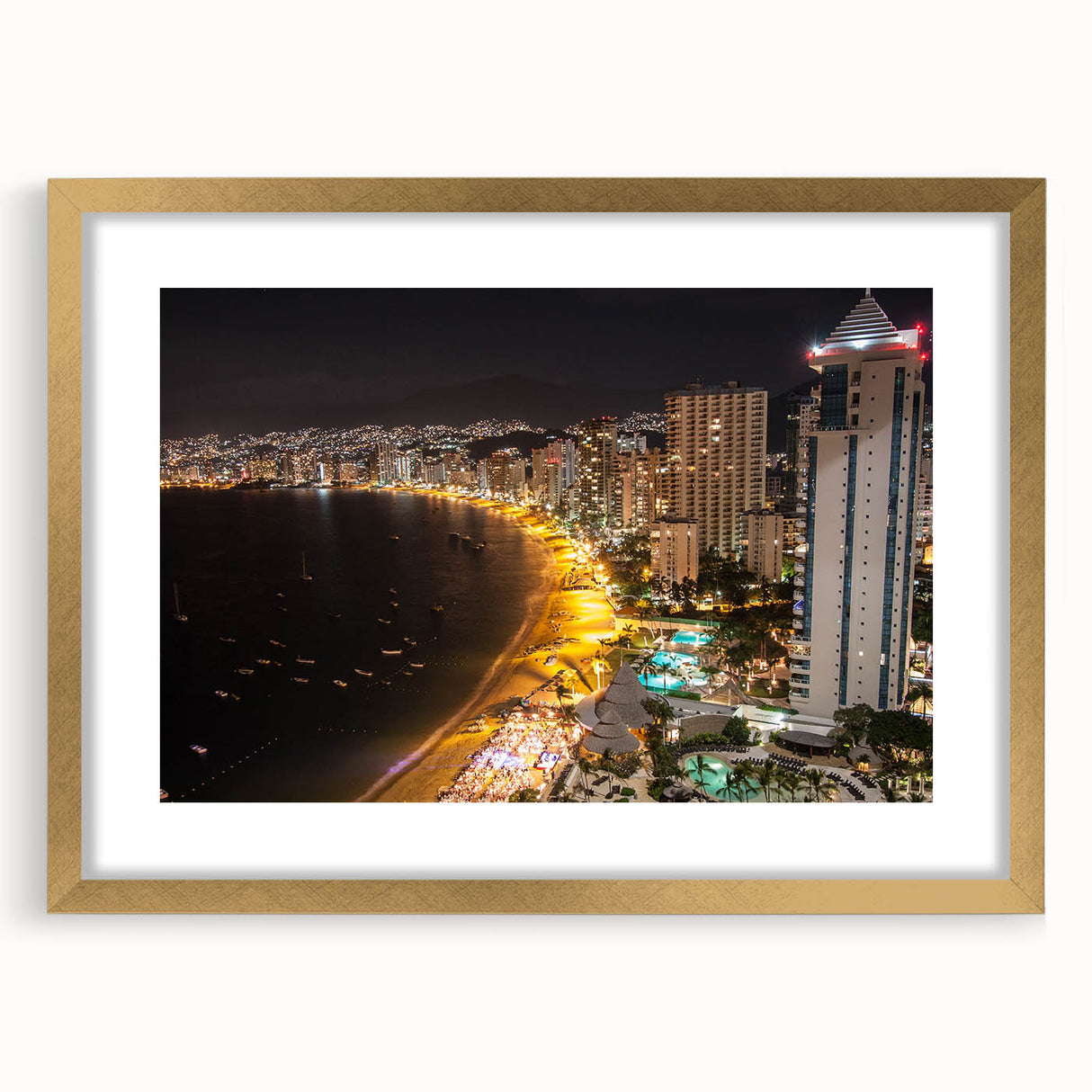 Extra large abstract art print of Acapulco scenery in gold frame, featuring textured brush strokes and vibrant hues.