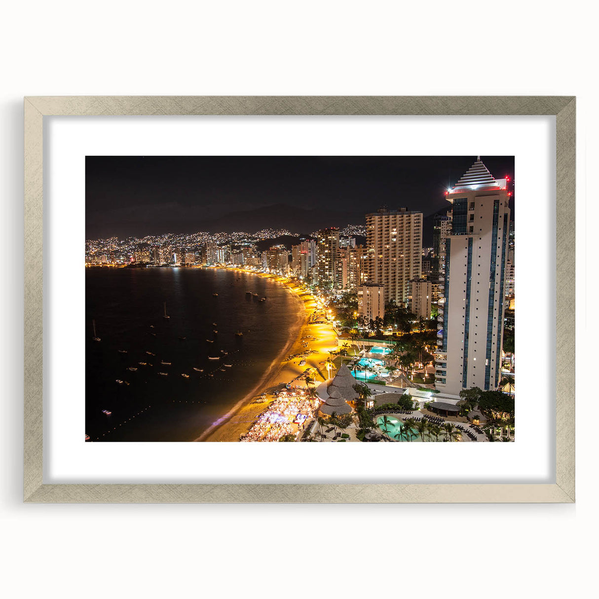Textured abstract art print of Acapulco scenery in silver frame, ideal for bedroom wall decor.