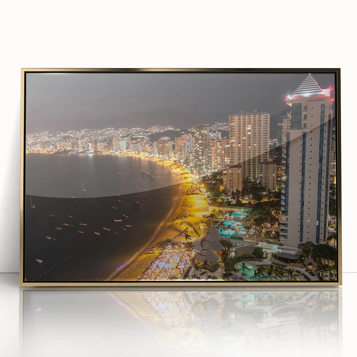 Framed acrylic print of Acapulco scenery in mid-century modernist style, featuring warm earth tones.