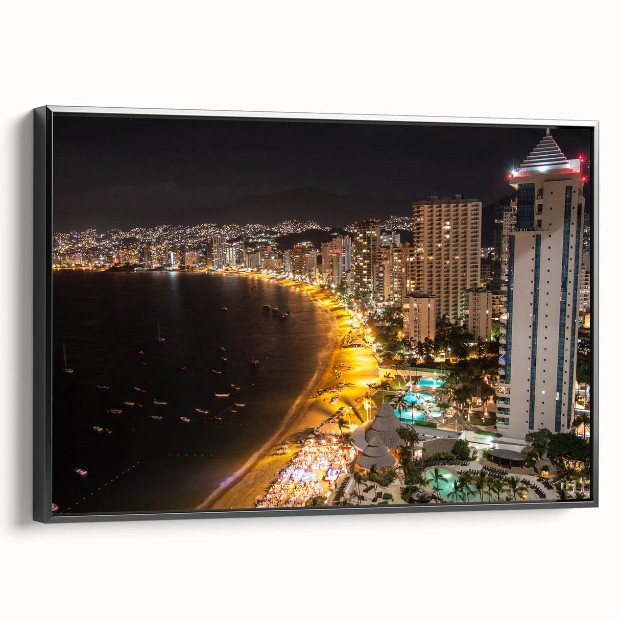 Black and white framed canvas of Acapulco landscape, vintage poster style, ideal for bedroom decor.