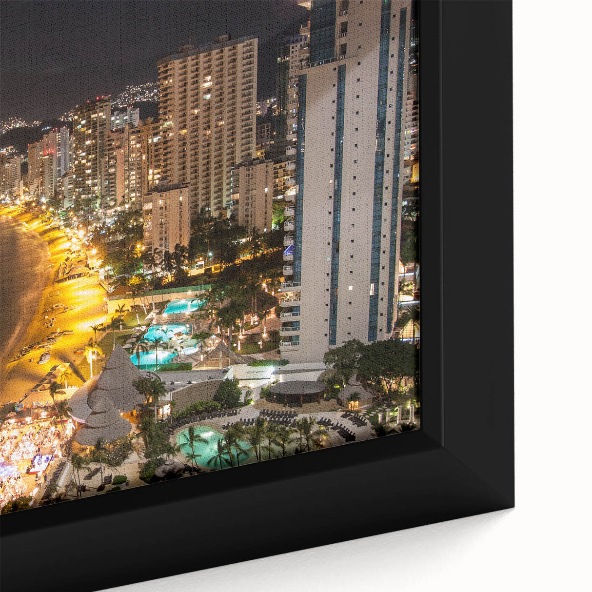 Framed canvas featuring a textured depiction of Acapulco with vibrant, colorful art on a black background.