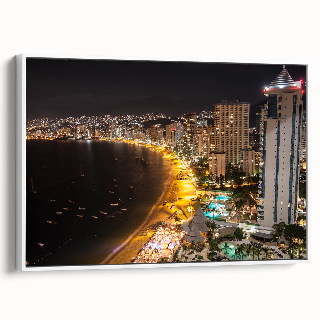 Vintage poster art of Acapulco scenery on a framed canvas, featuring vibrant colors, ideal for living room decor.