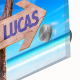 Large abstract wall art of Cabo San Lucas in acrylic glass, featuring ocean blue and sandy hues.