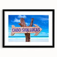 Colorful abstract art print of Cabo San Lucas scenery on a large textured canvas, framed in black.