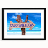 Colorful abstract art print of Cabo San Lucas scenery on a large textured canvas, framed in black.