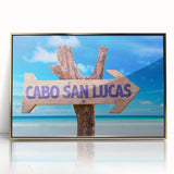 Framed acrylic print of Cabo San Lucas scenery with muted gold and blue tones, ideal for modern art wall decor.
