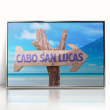 Mid-century modernist art of Cabo San Lucas scenery in acrylic, featuring silver frame, ideal for modern art wall decor.