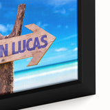 Extra large framed canvas of Cabo San Lucas scenery in black with colorful, textured brushstrokes.