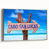 Landscape art painting of Cabo San Lucas with colorful palette, framed in silver on canvas, suitable for living room decor.