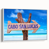Framed canvas vintage poster art of Cabo San Lucas with vibrant color palette, ideal for living room decor.