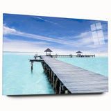 Large abstract wall art of Cancun scenery in vibrant blue and green hues on acrylic glass.